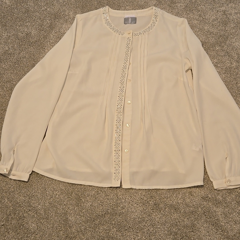 Fair Lady Women's Button Up Blouse White Size S/M With Silver Rhinestones
